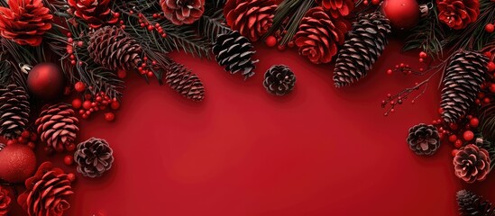 Poster - Gifts fir cones and red decorations arranged flat on a red background from a top view providing copy space A creative Christmas arrangement Christmas shopping Happy New Year festive celebration conce