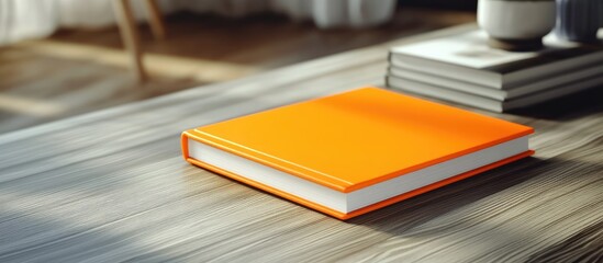Poster - Mockup of the orange hardcover book or notebook featuring copyspace on the table