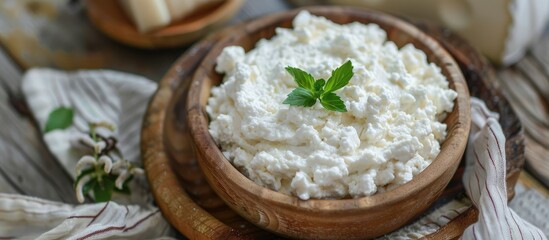 Ricotta romana a soft cheese made from cow or goat milk is a healthy meal option and snack placed on a table with a rustic food background and copy space top view