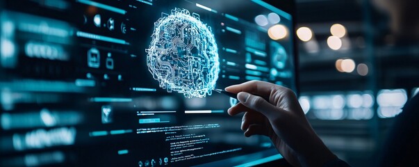 Poster - Artificial intelligence designing a website on a holographic display, futuristic design process, AI-driven web development.