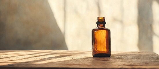 Poster - Clear liquid or essential oil in a brown bottle on the table with copyspace