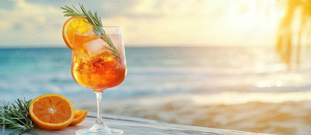 Aperol spritz cocktail in a glass with orange slices and rosemary on a ...