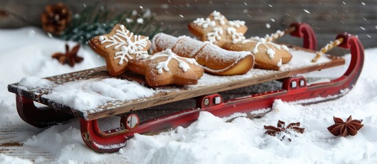 Aufkleber - Small red vintage sled loaded with Christmas cookies. with copy space image. Place for adding text or design