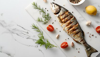 Flat lay composition with grilled fish on light grey marble table. Space for text