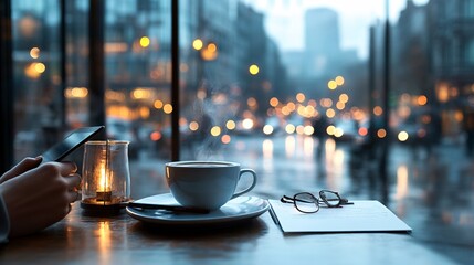 Poster - Cityscape workspace featuring a person working on a tablet at a cafe balcony with a view of a busy urban intersection the energy of the city below contrasts with the focused work happening above