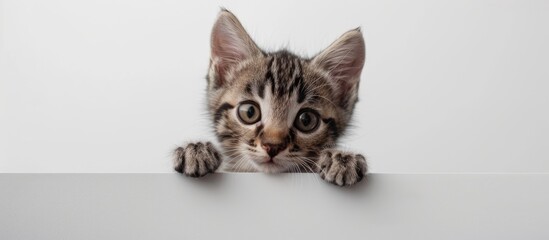 Poster - A curious kitten peers down at an empty white banner set against a white background. with copy space image. Place for adding text or design
