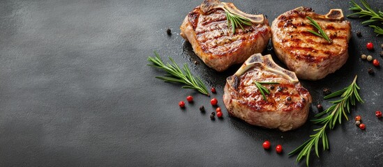Poster - Tender boneless grilled pork chops Steak tenderloin Gray background Top view Copyspace