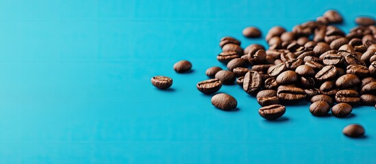 Leinwandbilder - Coffee beans on a blue background with copyspace in a coral trend
