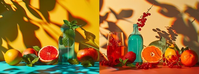 Wall Mural - Colorful arrangement of fruits and beverages with bold shadows