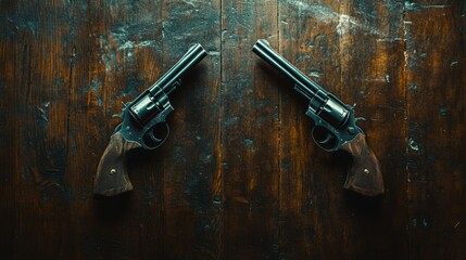 An image showing two classic revolvers placed symmetrically on a rustic wooden surface, evoking a sense of historical weaponry and attention to detail.