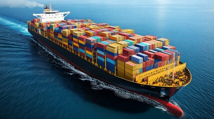 Wall Mural - Large cargo ship loaded with colorful shipping containers sailing through the calm ocean, showcasing global trade and maritime logistics.