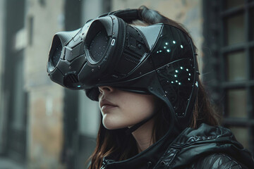 Fashion model person wearing futuristic shiny glamorous VR goggles watching cyberpunk video, Generative AI