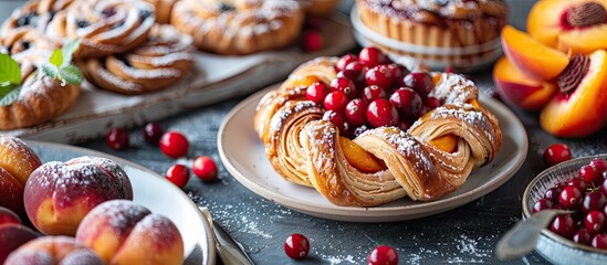 Poster - Puff buns filled with fruit and custard homemade cakes We prepare them at home Buns with peaches and cranberries on a plate in close up Fresh from the oven Soft focus. with copy space image