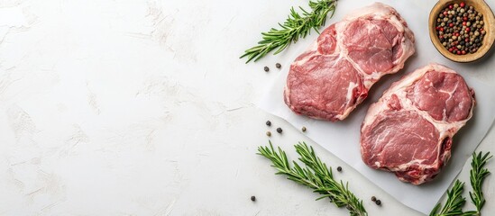 Wall Mural - Raw pork shoulder on a butcher table White background Top view Copy space