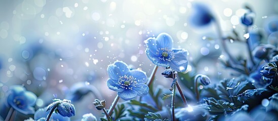 Poster - Close up of a Blue Flower of Glory of the Snow set against a softly blurred background of a blooming field Concept Springtime. with copy space image. Place for adding text or design