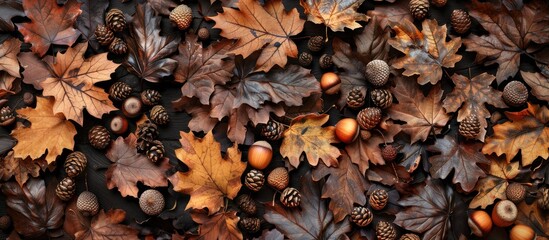 Aufkleber - Autumn backdrop Dried oak leaves and acorns against a black background Top view Copy space