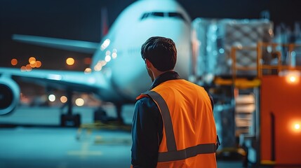 Poster - closeup view of an airport staff member diligently inspecting cargo in the loading area maintaining 