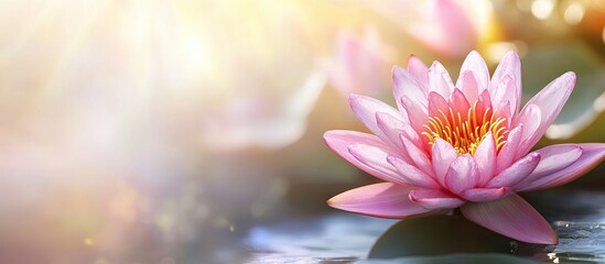 Poster - Soft close up of a stunning bright pink water lily or lotus Marliacea Rosea in an ancient pond Summer floral scene fresh wallpaper and nature backdrop concept. with copy space image