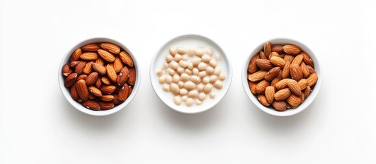 Poster - Good sources of protein include milk almonds and boiled beans on a white background. with copy space image. Place for adding text or design