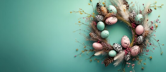 Poster - Lovely Easter wreath adorned with eggs and feathers on a green wall. with copy space image. Place for adding text or design