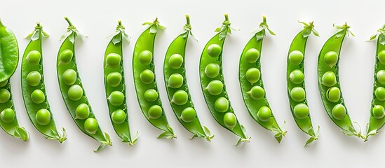 Poster - Fresh organic raw green pea pods opened on a white background Healthy eating vegan and vegetarian legume food raw food and detox superfood bean protein close up. with copy space image