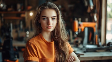 Poster - Portrait of a young woman in a workshop