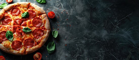 Fototapete - Delicious pepperoni pizza with cooking ingredients like tomatoes and basil on a black concrete background A top view of steaming pepperoni pizza Includes copyspace for text Flat lay Banner
