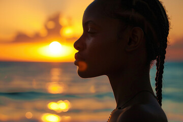 Portrait of a young tourist woman with mediterranean coast on background generative AI