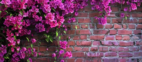 Poster - Bougainvillea buganvilla blossoms on a brick wall create a vibrant background texture with blooming flowers and copy space