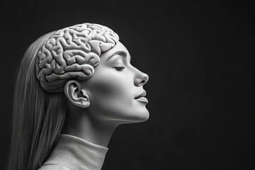 Poster - Neuroimaging Logic Woman in profile with a 3D brain overlay symbolizing mental clarity intellectual prowess and the serene power of a focused mind