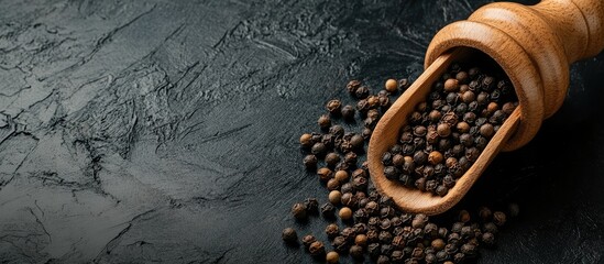 Leinwandbilder - Pepper mill and whole pepper in a wooden scoop on a black table. with copy space image. Place for adding text or design