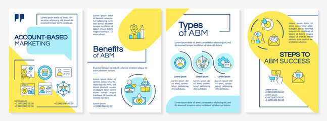 ABM blue and yellow brochure template. Marketing strategy. Leaflet design with linear icons. Editable 4 vector layouts for presentation, annual reports. Questrial, Lato-Regular fonts used