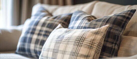 Poster - Cushions and plaid on the beige sofa in close up with copy space Cozy home concept Indoors