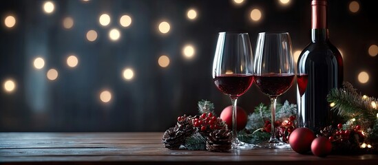 Poster - Bottle and glasses of red wine holiday decorations. with copy space image. Place for adding text or design