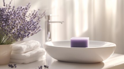 A serene bathroom setting featuring lavender soap on a white dish beside a bouquet of fresh lavender and neatly stacked towels