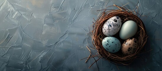 Wall Mural - Close up of Easter eggs in a nest against a grey background Top view. with copy space image. Place for adding text or design