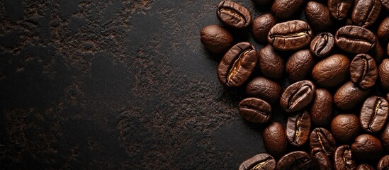 Wall Mural - Brown roasted coffee beans seeds on a dark background. with copy space image. Place for adding text or design