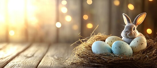 Poster - Easter card design featuring eggs a nest and a bunny on a wooden background with copyspace
