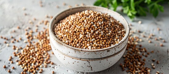 Poster - Raw green buckwheat grains in a bowl on a white table top view with room for text Banner design. with copy space image. Place for adding text or design