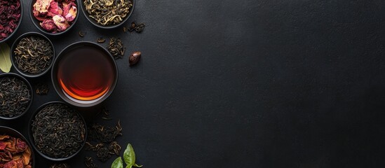 Poster - Flat lay arrangement featuring various dry teas and a hot drink on a black table Area for text. with copy space image. Place for adding text or design