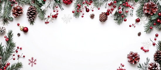 Wall Mural - Christmas background and decorations Floral embellishments White backdrop Pine cones Christmas decor for cards Top view Ample copy space