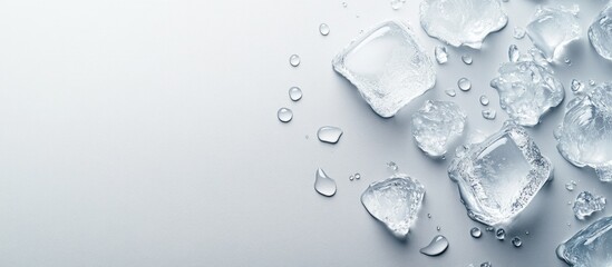 Aufkleber - Melting ice cubes and water droplets on a light grey background flat lay Room for text. with copy space image. Place for adding text or design
