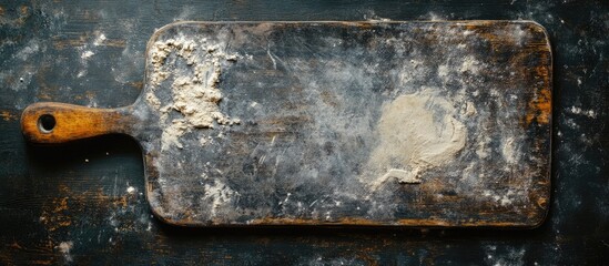 Fototapete - An old worn cutting board with remnants of flour and dough Textured background Toned. with copy space image. Place for adding text or design