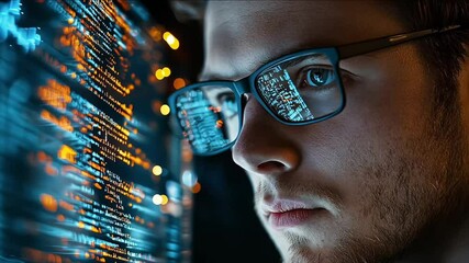 Programmer programming cybersecurity and IT. Futuristic software and hardware , coding hologram, man thinking about data analytics, digital technology