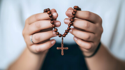 Hands holding wooden rosary with cross, close-up of hands with prayer beads, spiritual devotion and meditation concept, Christianity, catholic, faith