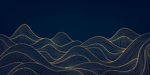 Wall Mural - vector art deco line gold wave background, abstract water texture, japanese geometric sea illustrati
