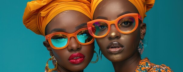 Poster - Bold portrait of two women wearing vibrant sunglasses and accessories.