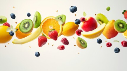 Wall Mural - Flying different fresh fruits in air on white background. Falling fruits mix multifruit