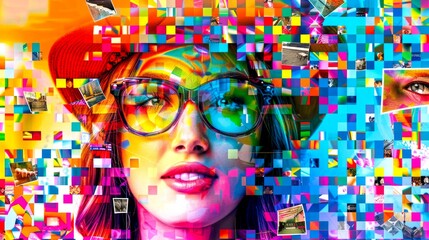 A vibrant portrait of a young woman wearing glasses and a hat. Splashes of color surround her, creating a modern artistic feel. Ideal for digital art and creative projects. AI