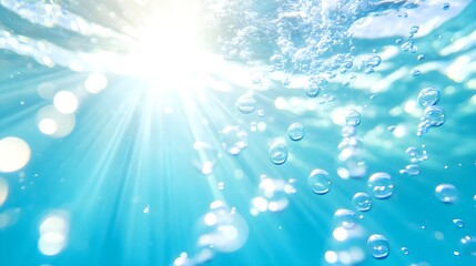 Wall Mural - Underwater Sunbeams & Bubbles - Blue Ocean Background